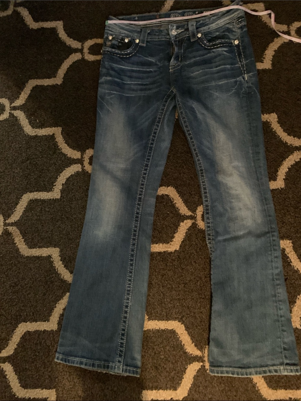 Miss Me Blue Flare Jeans with Rhinestone Pocket Accents